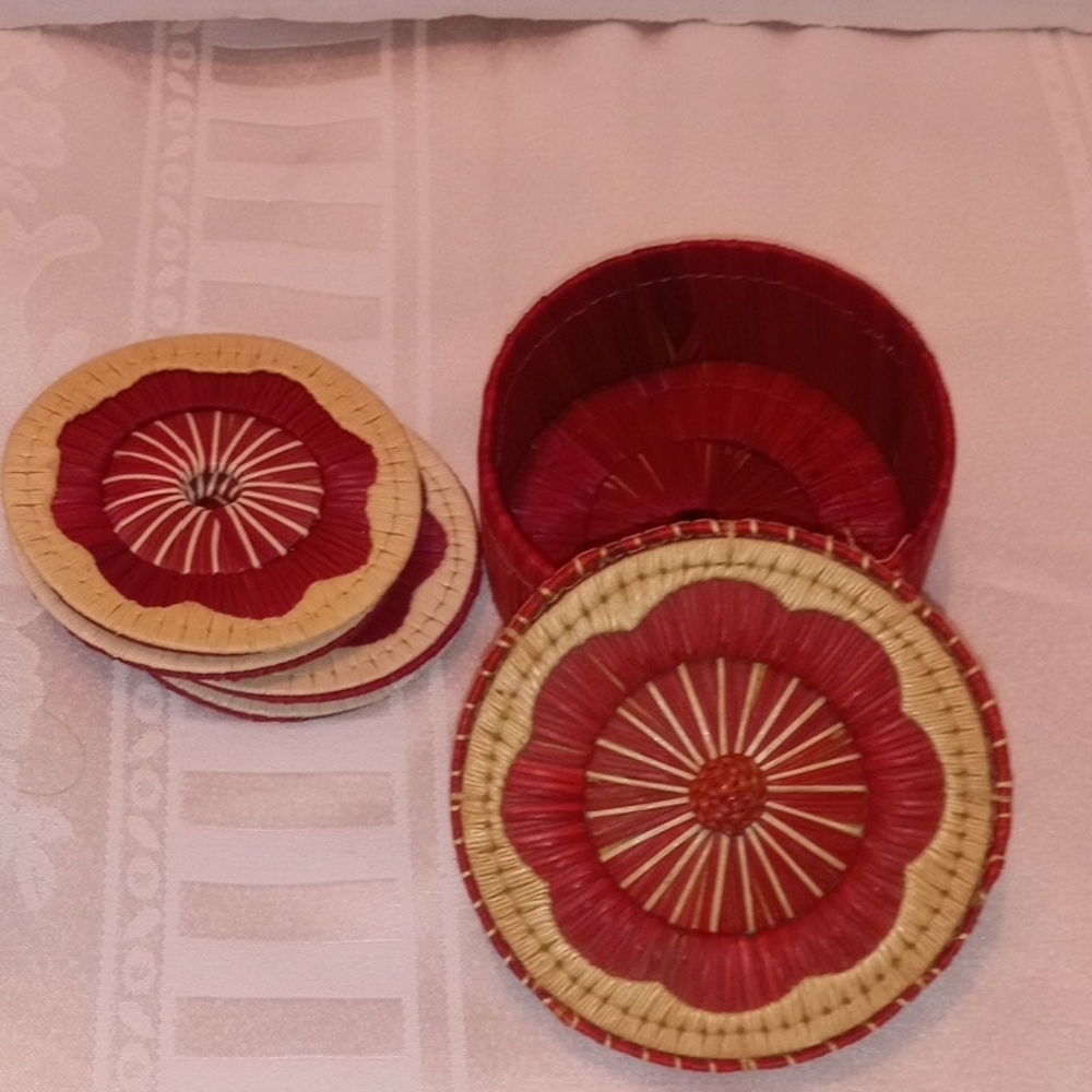 Red and Tan Woven Coaster Set